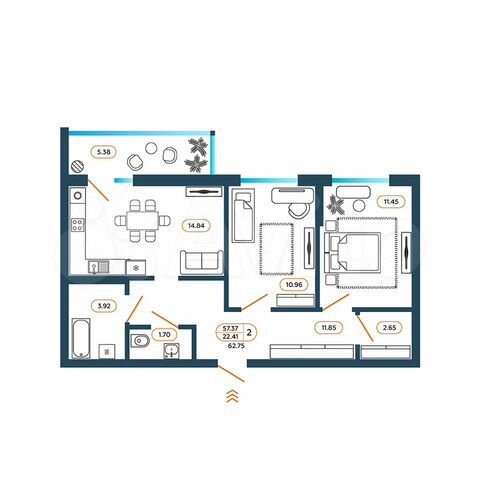 2-к. квартира, 62,8 м², 9/11 эт.