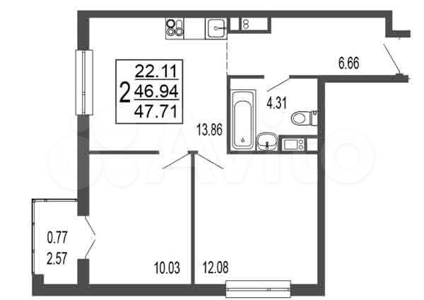 2-к. квартира, 46,9 м², 4/17 эт.