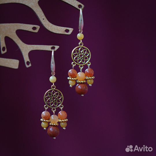 Серьги классические с камнями яшмы и кварца