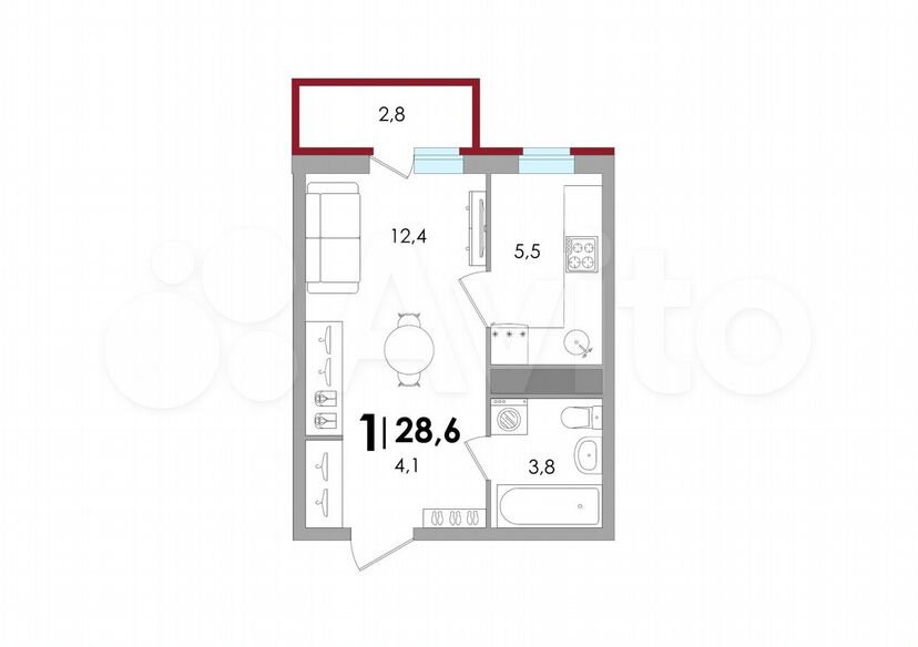 1-к. квартира, 28,6 м², 3/18 эт.