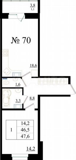 1-к. квартира, 47,6 м², 8/8 эт.