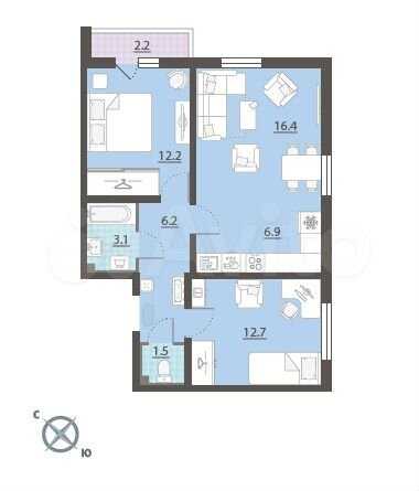2-к. квартира, 60,1 м², 6/8 эт.