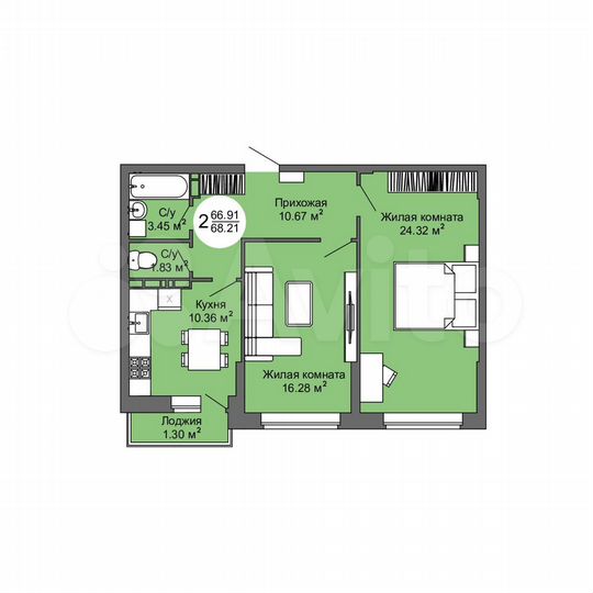 2-к. квартира, 68,2 м², 8/17 эт.