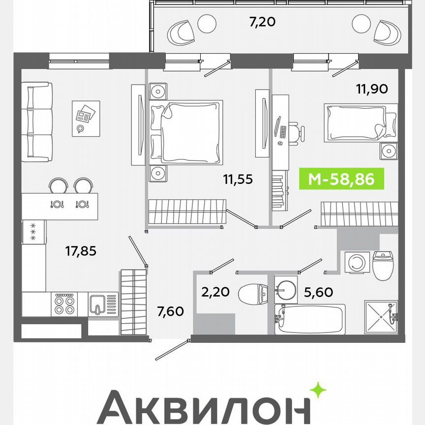 2-к. квартира, 58,9 м², 7/12 эт.