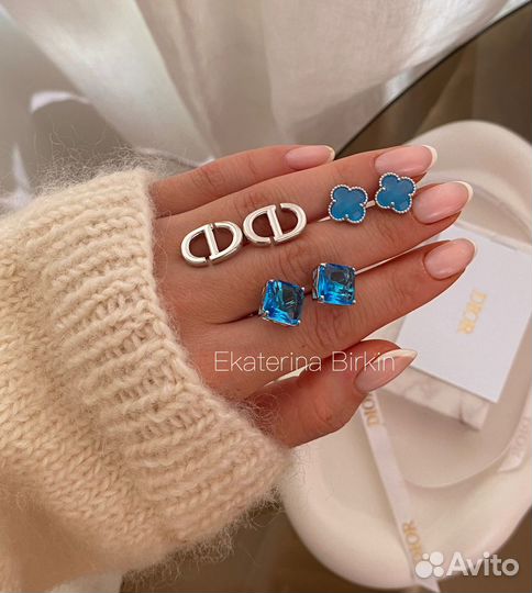 Серьги dior синий клевер кристалл цвет серебро