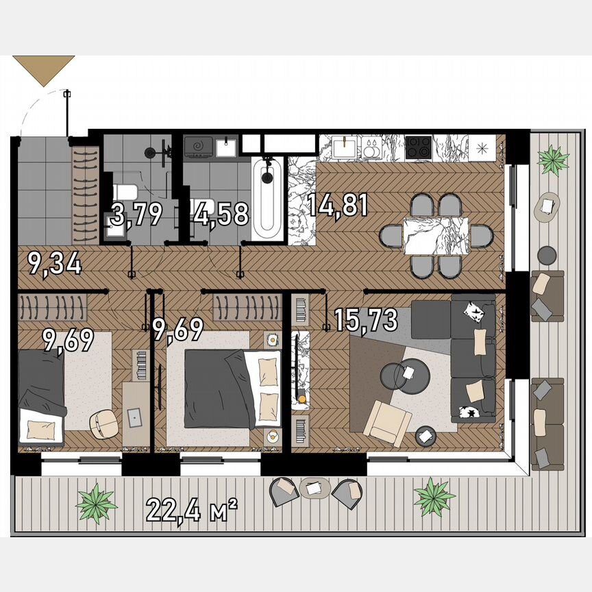 3-к. апартаменты, 69,6 м², 2/23 эт.