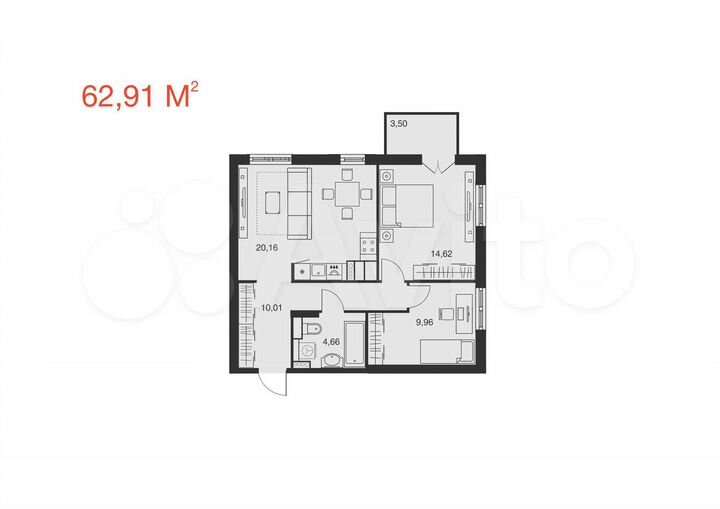2-к. квартира, 62,9 м², 11/25 эт.