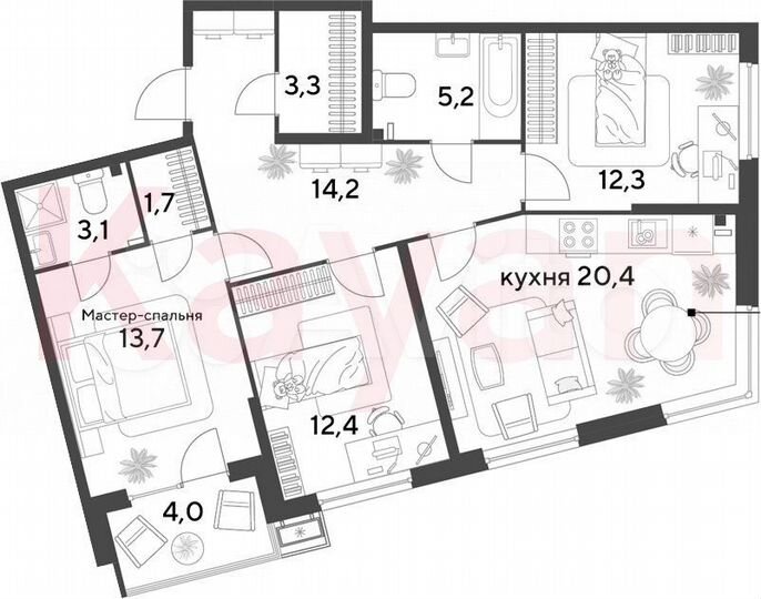 4-к. квартира, 86,3 м², 2/18 эт.