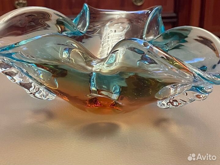 Винтаж: Пепельница из трёхцветного гутного стекла