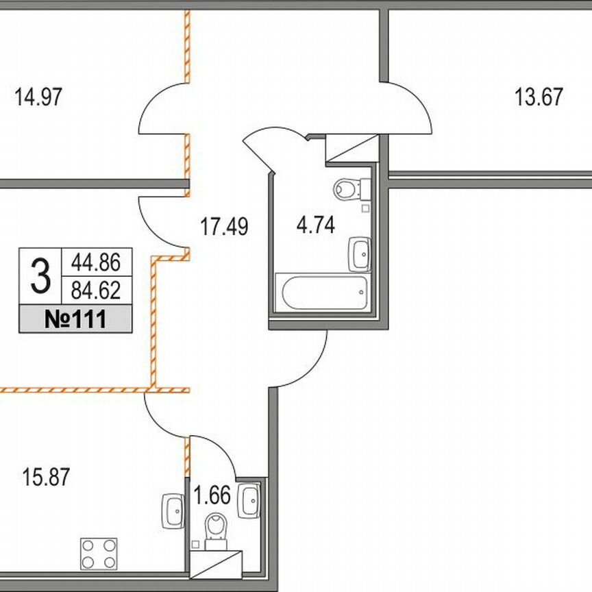 3-к. квартира, 84,6 м², 3/21 эт.