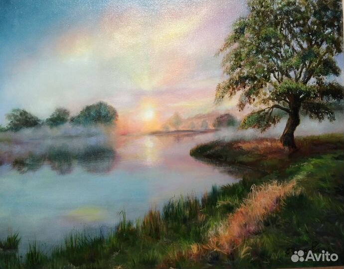 Картина маслом Рассвет над рекой