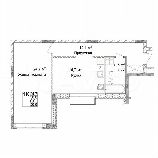 1-к. квартира, 56,8 м², 4/17 эт.