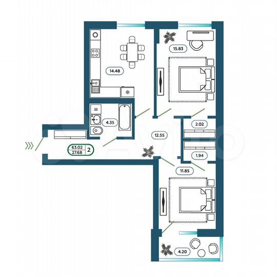 2-к. квартира, 67,1 м², 1/8 эт.