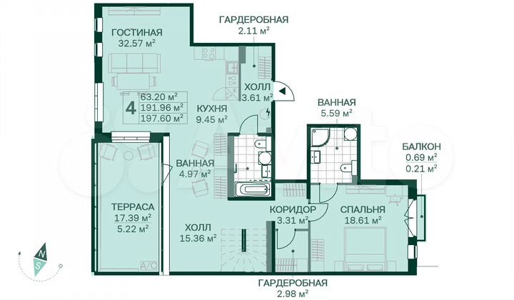 4-к. квартира, 197,6 м², 13/14 эт.