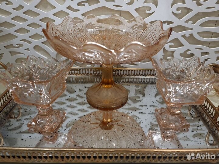 Карамельное стекло, хрусталь, сахарница, блюдо