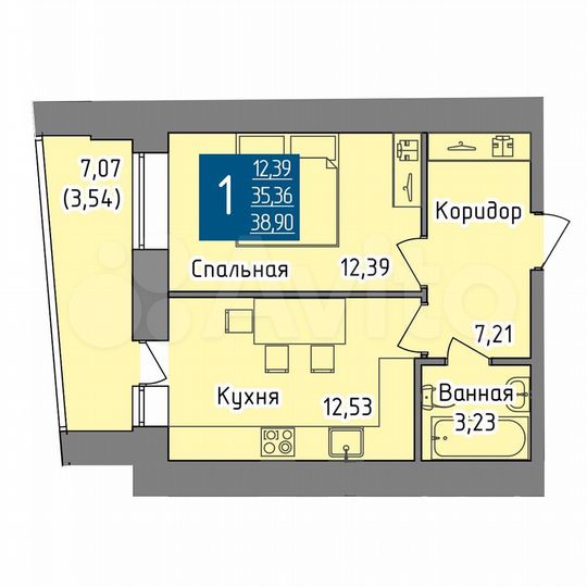 1-к. квартира, 38,9 м², 7/19 эт.