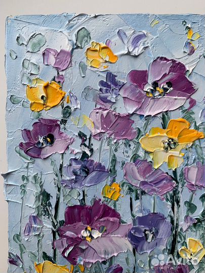 Картина маслом букет цветов тюльпаны лаванда маки