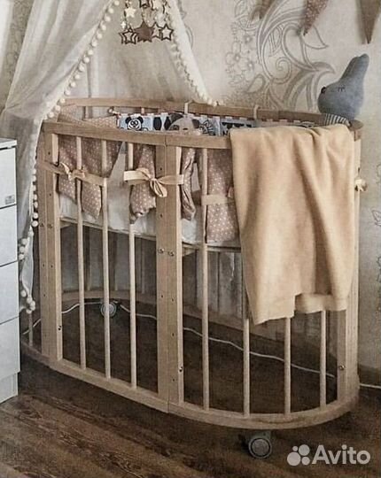 Кроватка 8в1 из бука, 2 матраса, простынки