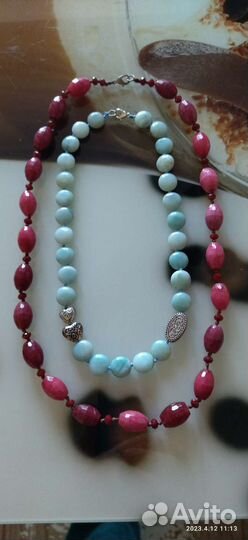 Бусы из рубелита (розовый турмалин) и ларимара