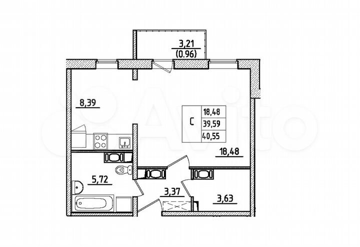 Квартира-студия, 40,5 м², 1/9 эт.