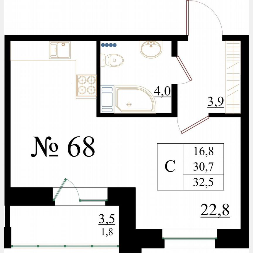 Квартира-студия, 32,5 м², 1/8 эт.