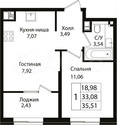 1-к. квартира, 33,1 м², 9/9 эт.