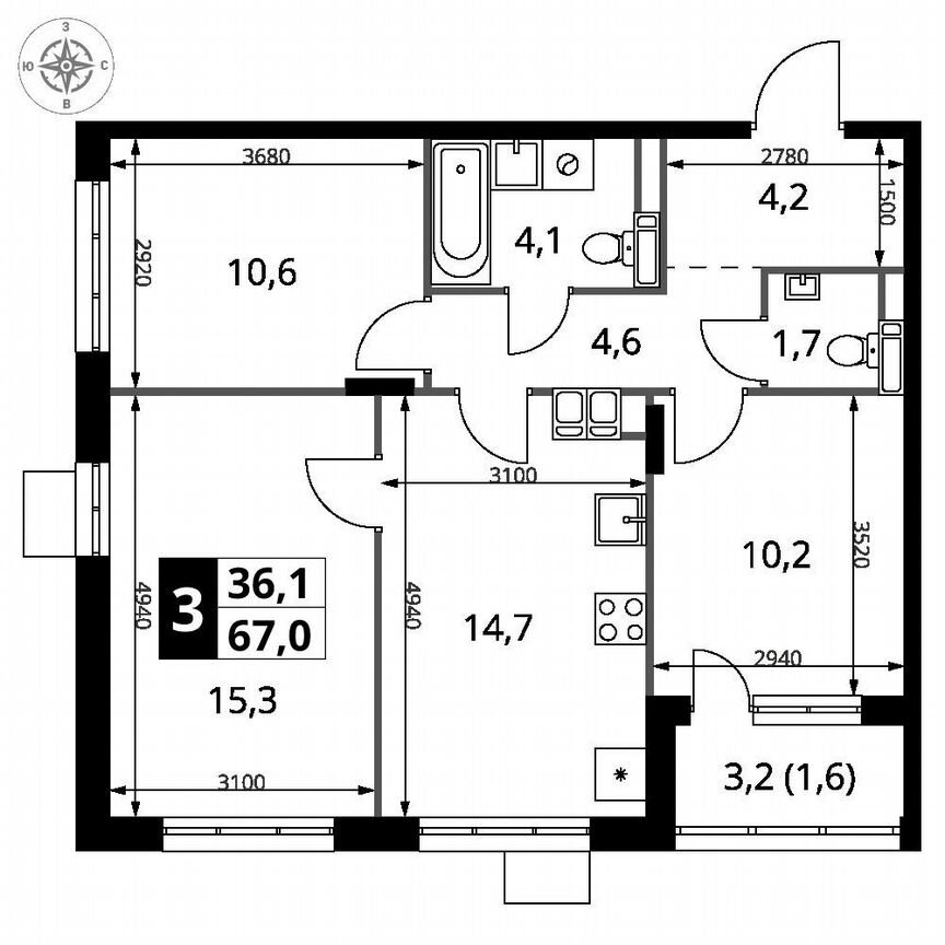 3-к. квартира, 67 м², 15/25 эт.