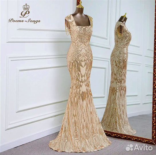Золотое вечернее платье в пол L Xl