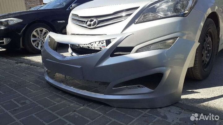Hyundai Solaris 2014 бампер передний серебристый