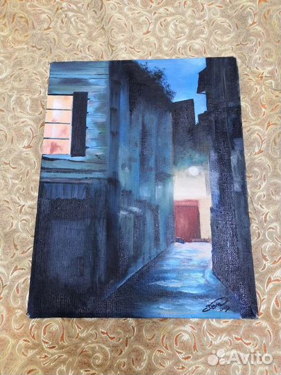 Картина Ночной дворик, размер 39 на 30 см, холст