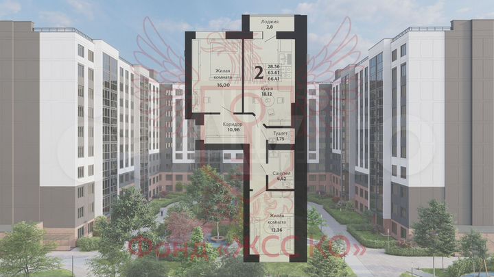 2-к. квартира, 65 м², 6/10 эт.