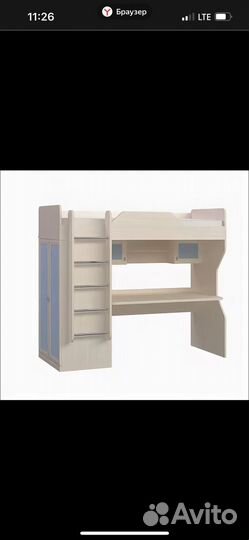 Детская кровать чердак со столом и шкафом лазурит