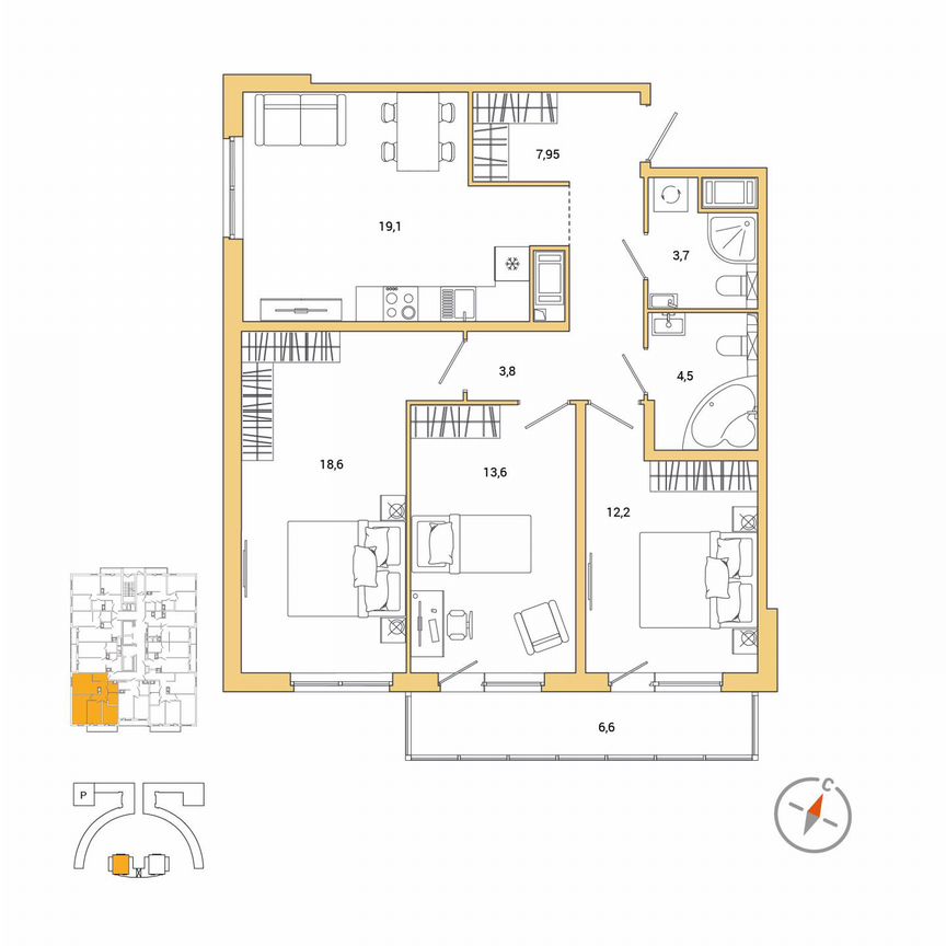 3-к. квартира, 85,4 м², 5/25 эт.