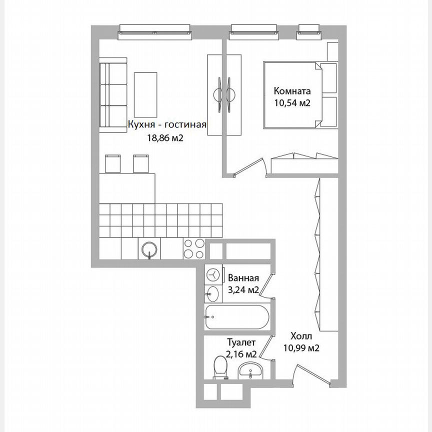 2-к. апартаменты, 45,8 м², 5/16 эт.