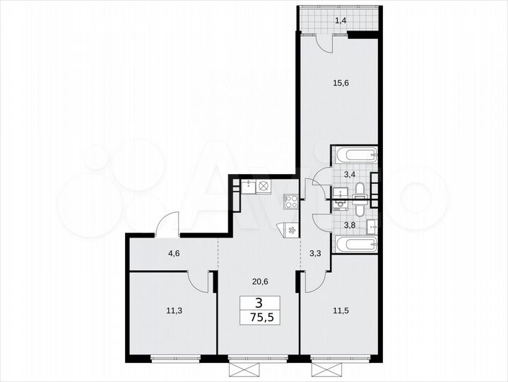 3-к. квартира, 75,5 м², 15/16 эт.