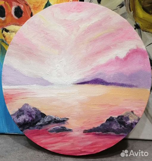 Картина маслом на холсте пейзаж: розовый закат