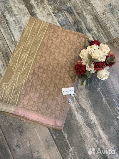 Кашемировый палантин шарф Dior розовый с бежевым