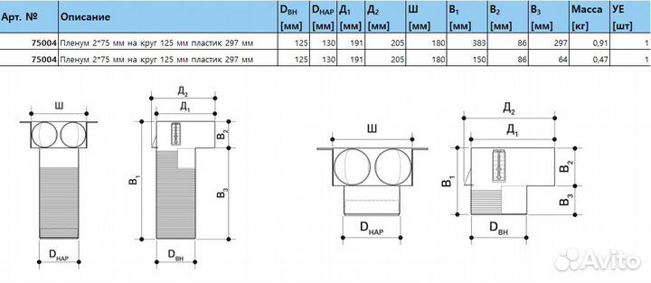 Пленум, адаптер, анемостат вентиляции 125 на 75 мм