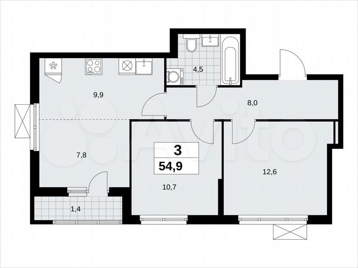 3-к. квартира, 54,9 м², 7/13 эт.