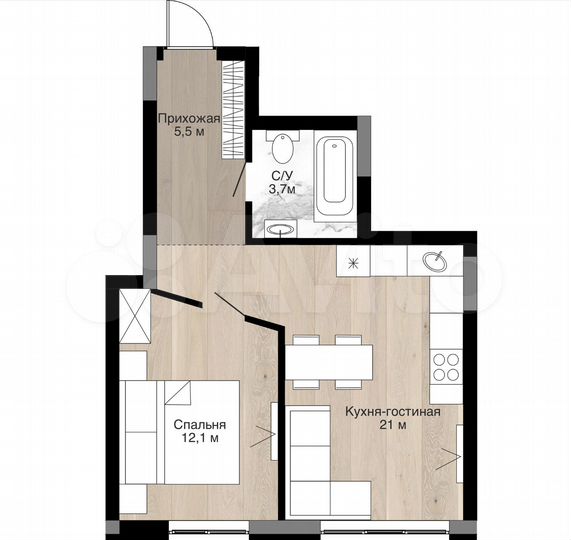 Своб. планировка, 42,3 м², 8/15 эт.
