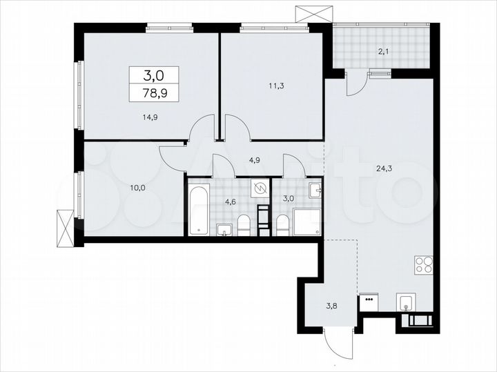 3-к. квартира, 78,9 м², 8/9 эт.