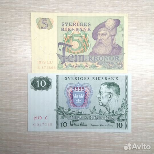 Банкнота купюра 5 пять и 10 десять шведских крон