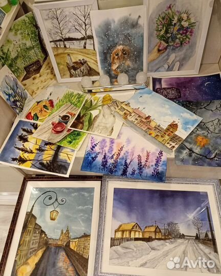 Картина акварель Полосатый кот и тюльпаны