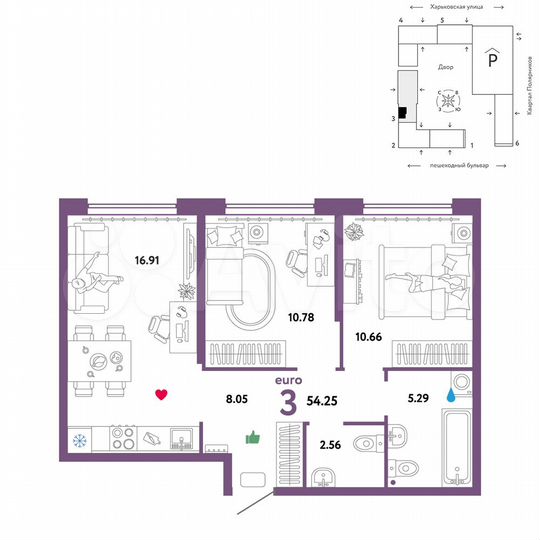 3-к. квартира, 54,3 м², 19/25 эт.