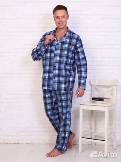 Продам мужскую фланелевую пижаму р.48-50 синяя кл