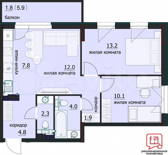 3-к. квартира, 58,9 м², 12/12 эт.