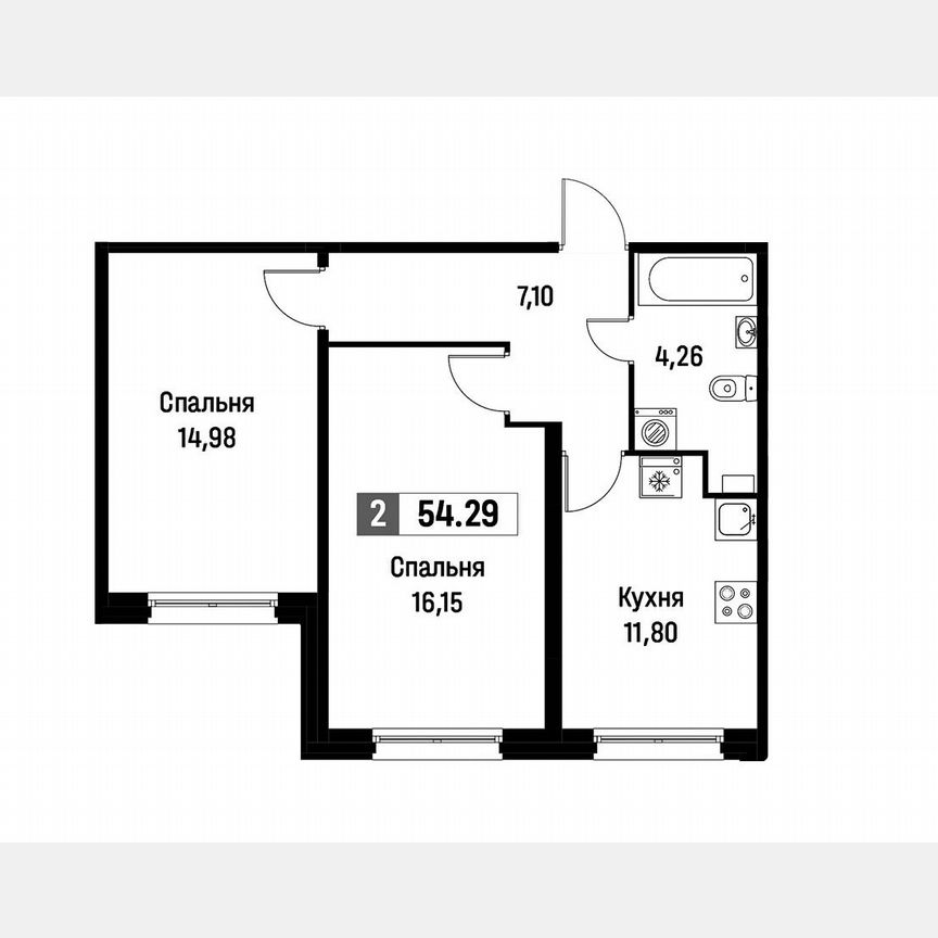 2-к. квартира, 54,3 м², 1/16 эт.