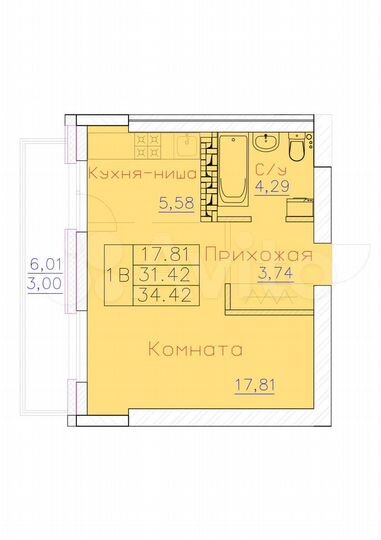 Квартира-студия, 34,4 м², 9/13 эт.