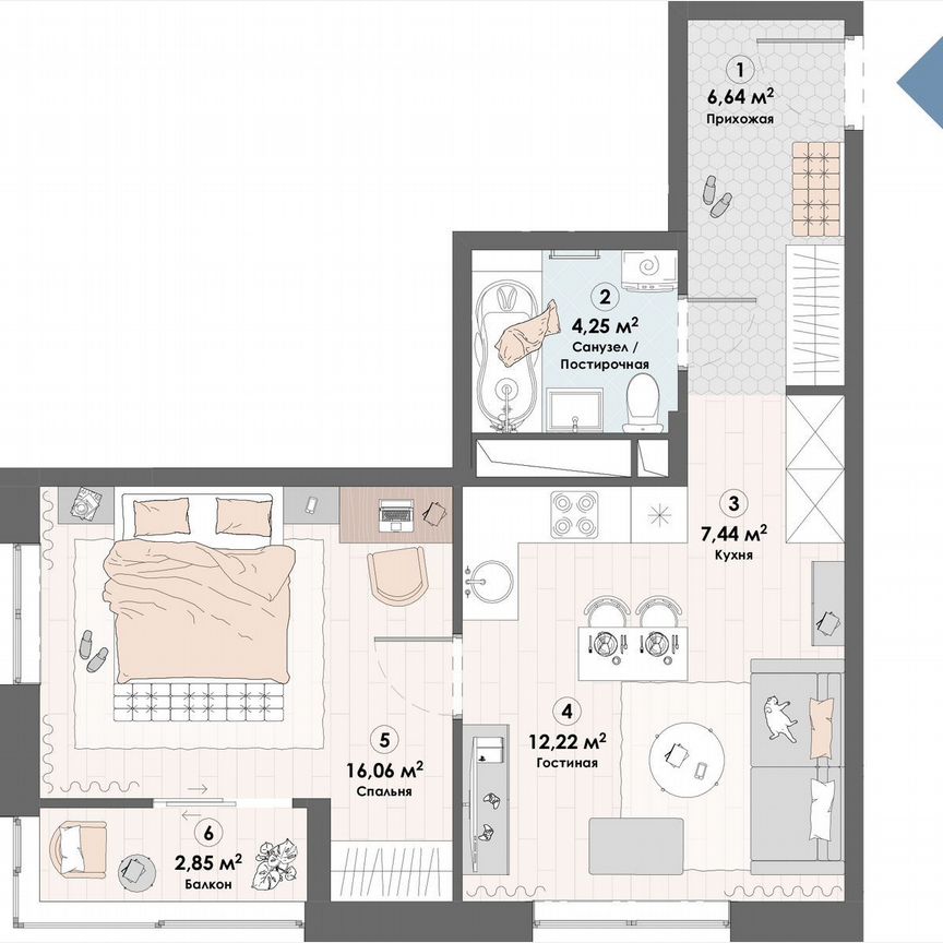 1-к. квартира, 49,5 м², 16/23 эт.
