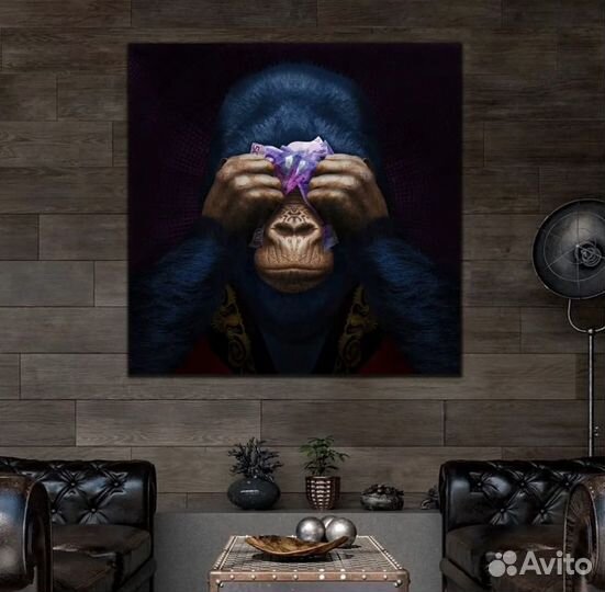 Картина три обезьяны в интерьер дома, бар, офис